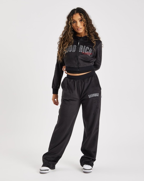 Hoodrich Schwarz/weiß/lychee Og Bühnen-Velours-Jogginghose Mit Offenem Saum